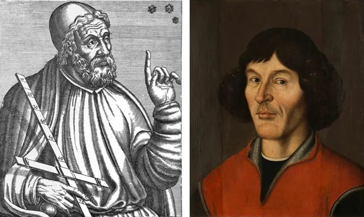 天文學史上兩個重要人物：托勒密－地心說（左）；哥白尼－日心說（右），取自：維基百科