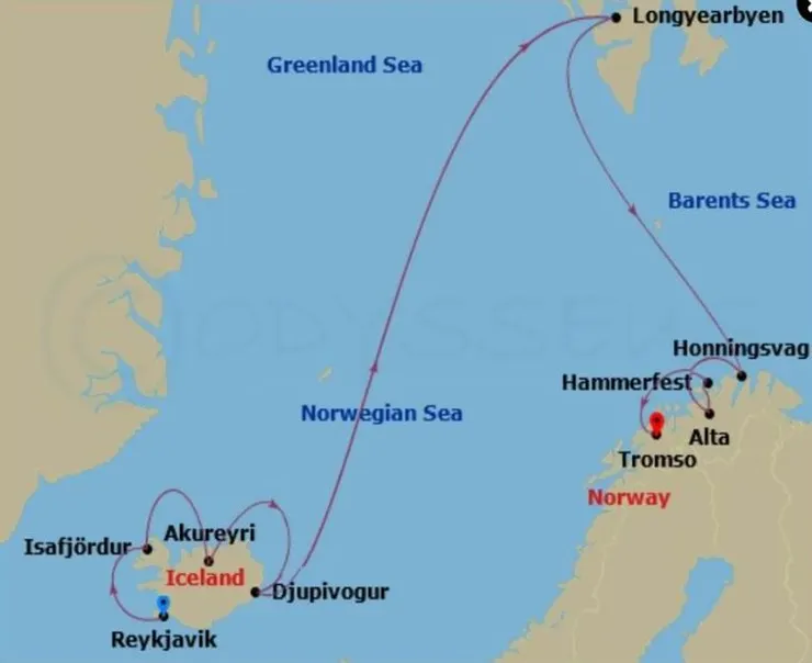 Norwegian Star 12天11夜冰島挪威行程（截圖自CruiseDirect網站）。