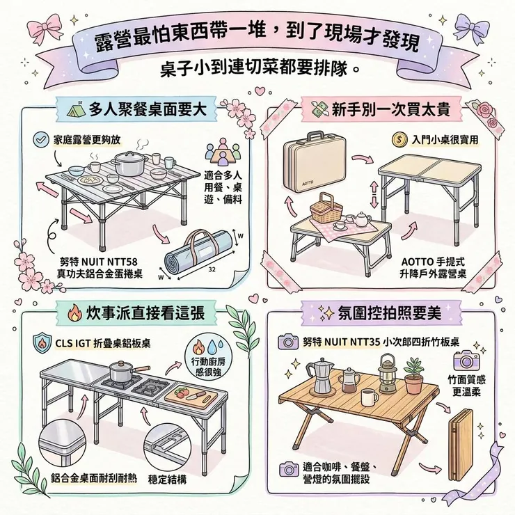 【露營桌推薦】煮飯桌面永遠不夠用？2026 Dcard/PTT 7 款蛋捲桌、摺疊桌實比