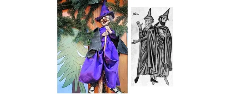 左側是「當代」女巫的形像,右邊是身穿中世紀猶太制服的德國「猶太人」的畫像,兩者進行了對比。