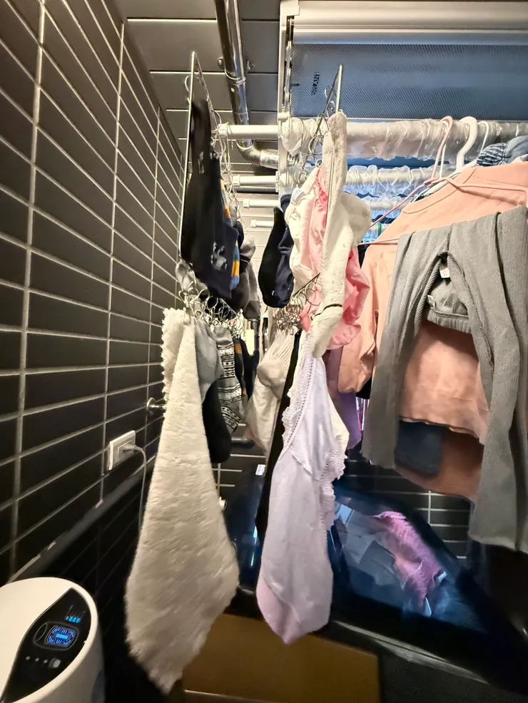 你敢相信嗎？只要照片中這小小的垂直空間，就能同時曬下 10 件內褲跟 13 雙襪子，旁邊甚至還有很多空間掛衣服！