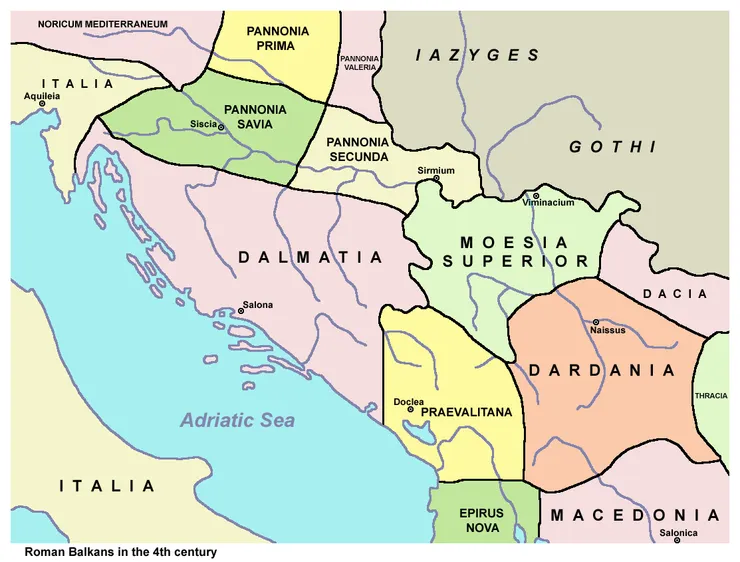 四世紀羅馬帝國在伊里利亞一帶的行省劃分。Wiki Commons, "Ancient balkans 4thcentury.png"