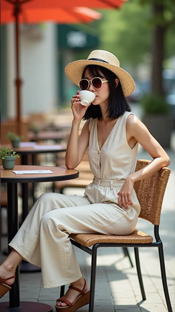Linen jumpsuit, platform sandals, straw hat, oversized sunglasses