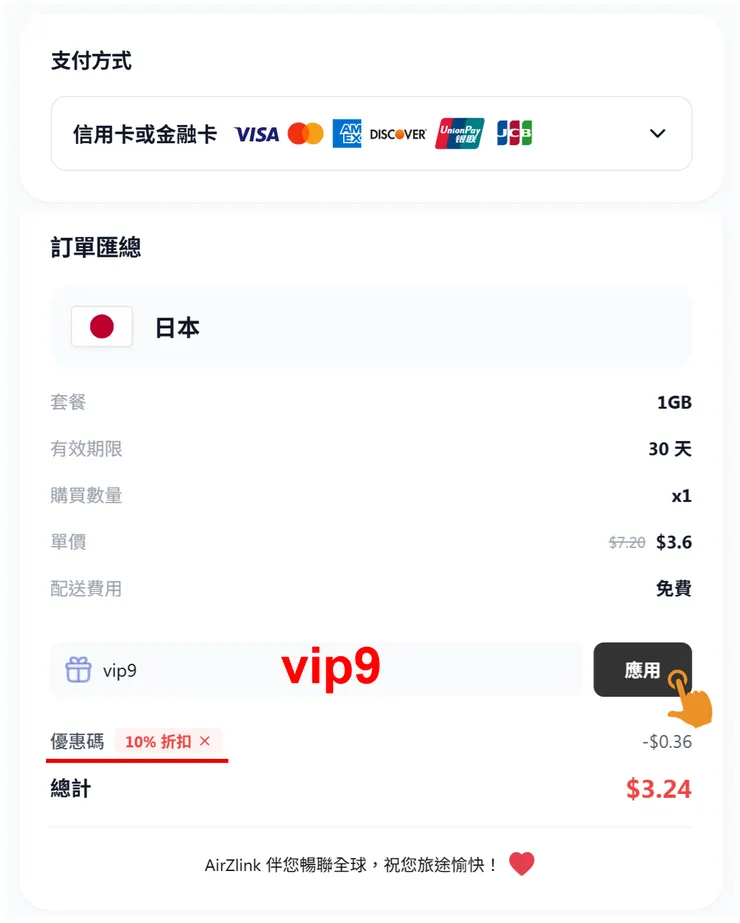 AirZlink 折扣碼結帳輸入畫面與專屬折扣折抵省錢範例
