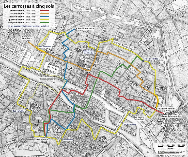 當時「五蘇馬車」（carrosse à cinq sols）路線圖：第一條路線於1662年3月18日正式啟用，立即吸引大量民眾注目，成功的初步試營運促使營運者加快推進計畫。4月11日，第二條路線開通；5月2日，第三條行駛上路；6月24日，第四條加入營運；7月5日，最後一條新路線正式投入使用。