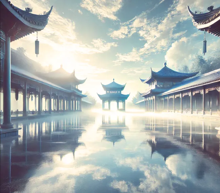 水面如鏡的古風涼亭 - By ChatGPT