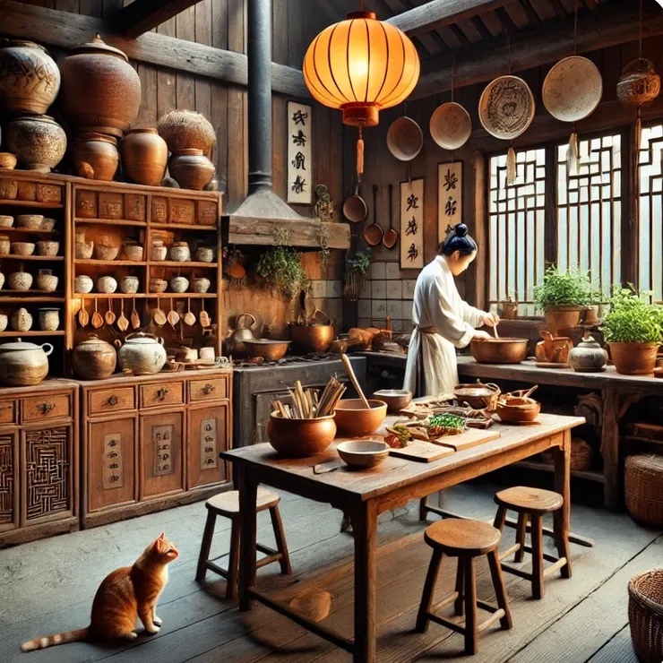 元辰宮中的廚房，擁有木質櫥櫃與陶罐、掛著乾燥的香草。燈籠光線營造出溫暖的氛圍，同時傭人正在準備食材。登愣~~~ 旁邊的橘貓是我的柑罵公主嗎？看來那個傭人可能是我自己...
