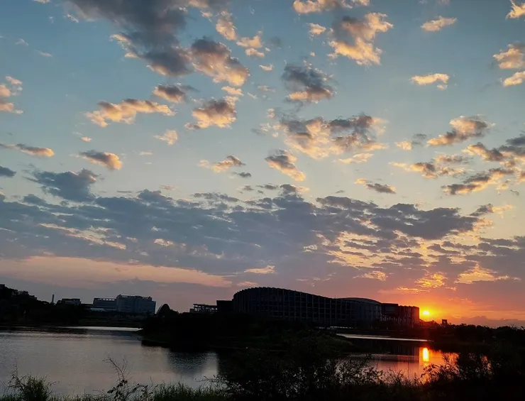 夕照中的故宮南院正閃閃發光。