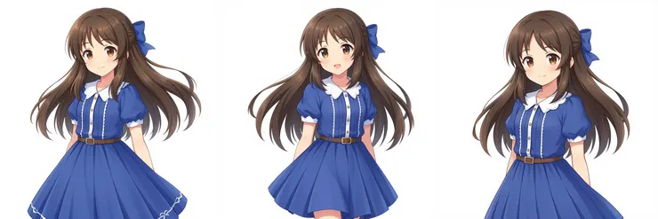 範例：牛仔鏡頭（膝蓋以上）。Prompt：amazing digital illustration, white background, anime, zzArisuTachibana, blue hair bow, sidelocks, blue dress, pleated skirt, short sleeves, white collar, buttons, brown belt