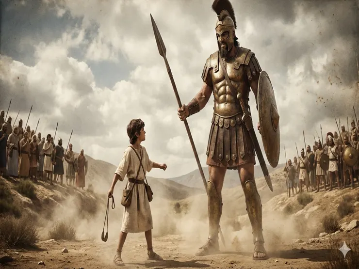 面對巨人歌利亞，大衛或許也會害怕、恐懼，但神同在的力量成為了大衛最堅強的勇氣。（圖/Gemini Nano Banana）