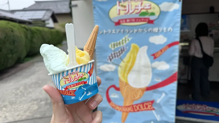 冰淇淋推推，左邊海鹽牛奶、右邊瀨戶內海產柑橘