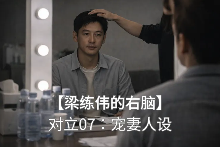 梁练伟坐在综艺化妆间镜前整理造型