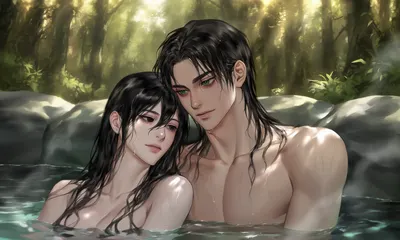 PIXAI生成的艾連x米卡莎一起泡溫泉