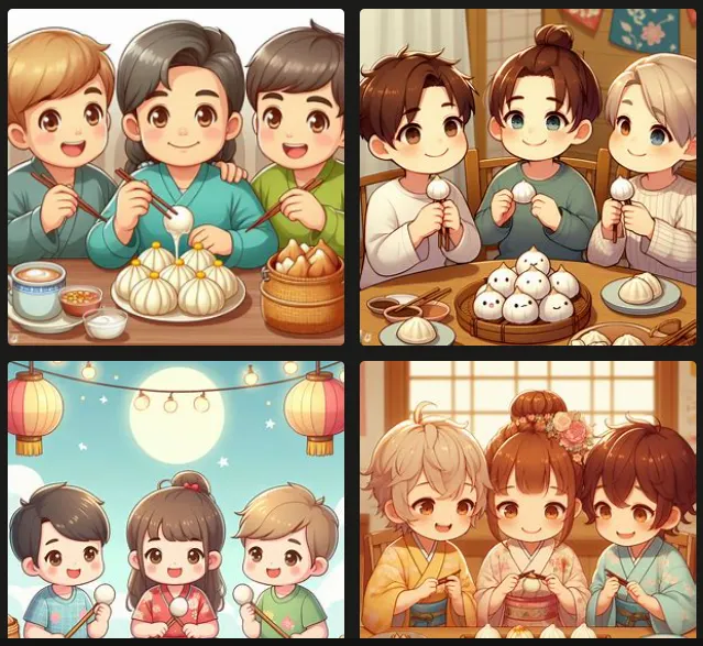 Three children gathered together to eat sweet dumpling