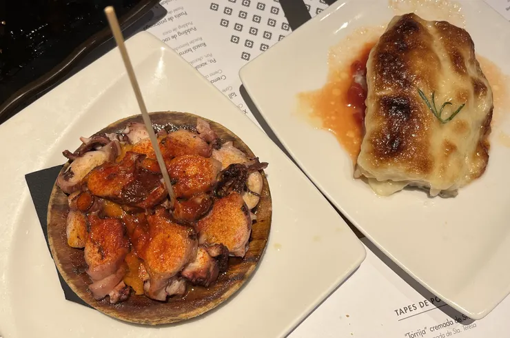 左: 章魚pulpo，令人懷念的西班牙海鮮，但我印象中pulpo在Galicia和Madrid會比在Barcelona更好吃一點 / 右: honey codfish ->極推!