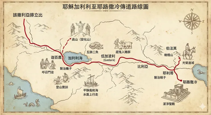 耶穌從加利利至耶路撒冷城傳道路線示意圖