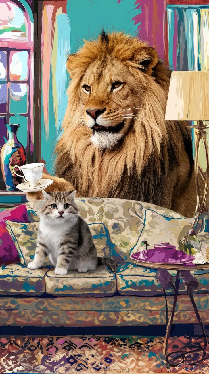 A surreal and humorous digital collage of a bewildered house cat encountering a giant, friendly lion on its living room sofa, living room setting, house cat looking shocked and confused, lion smiling warmly and holding a teacup