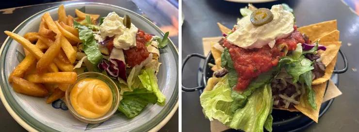 左：被沙拉蓋住的墨西哥捲餅；右：玉米餅