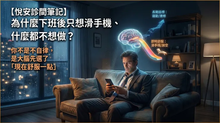 當人處於高壓與疲憊狀態時，對「長期目標」的未來回饋，常會主觀上被打折；相較之下，滑手機、放空這類能立刻帶來舒緩感的行為，就更容易被選中。你不是不自律，而是大腦在很累的時候，先選了「現在舒服一點」。