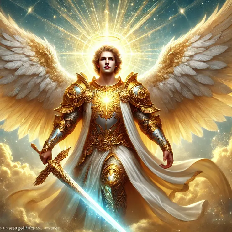 他是一位服侍於大天使米迦勒之下的天使，身披金色鎧甲，擁有寬大的白色羽翼，手持發光的聖劍，散發著神聖的光輝與保護的力量。