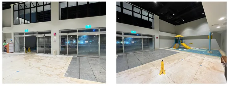 有設救生員，也有提供給小小孩的簡易玩水設施與空間(灰色地板處會噴水)