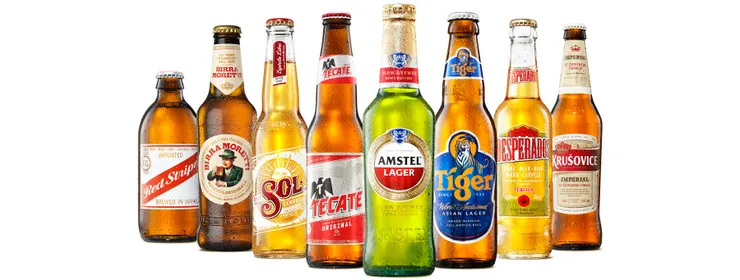 海尼根旗下品牌：從左到右為 Red Stripe（牙買加），Birra Moretti（義大利），Sol（墨西哥），Tecate（墨西哥），Amstel Lager（荷蘭），Tiger Beer（新加坡），Desperados（法國），Krušovice（捷克）