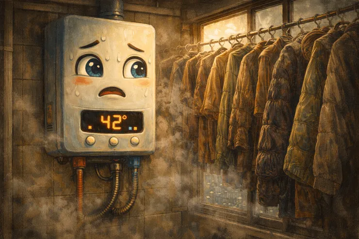 梁练伟家狭小半室内阳台，衣物密集晾挂影响通风，智能热水器表情紧张，感应到一氧化碳浓度升高