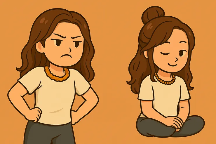 左邊鬧脾氣、右邊當禪師 → 對戲失敗～哦～不對…是連想找自己吵架都失敗，哈哈哈～看看這老靈魂一臉淡然的樣子，一副就是靜靜看著這孩子到底要幹嘛？