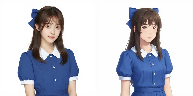左圖：有做標記的模型所產生的圖片，右圖：沒做標記的模型所產生的圖片。Prompt：photorealistic, white background, upper body, zzArisuTachibana, blue hair bow, sidelocks, blue dress, short sleeves, white collar, buttons