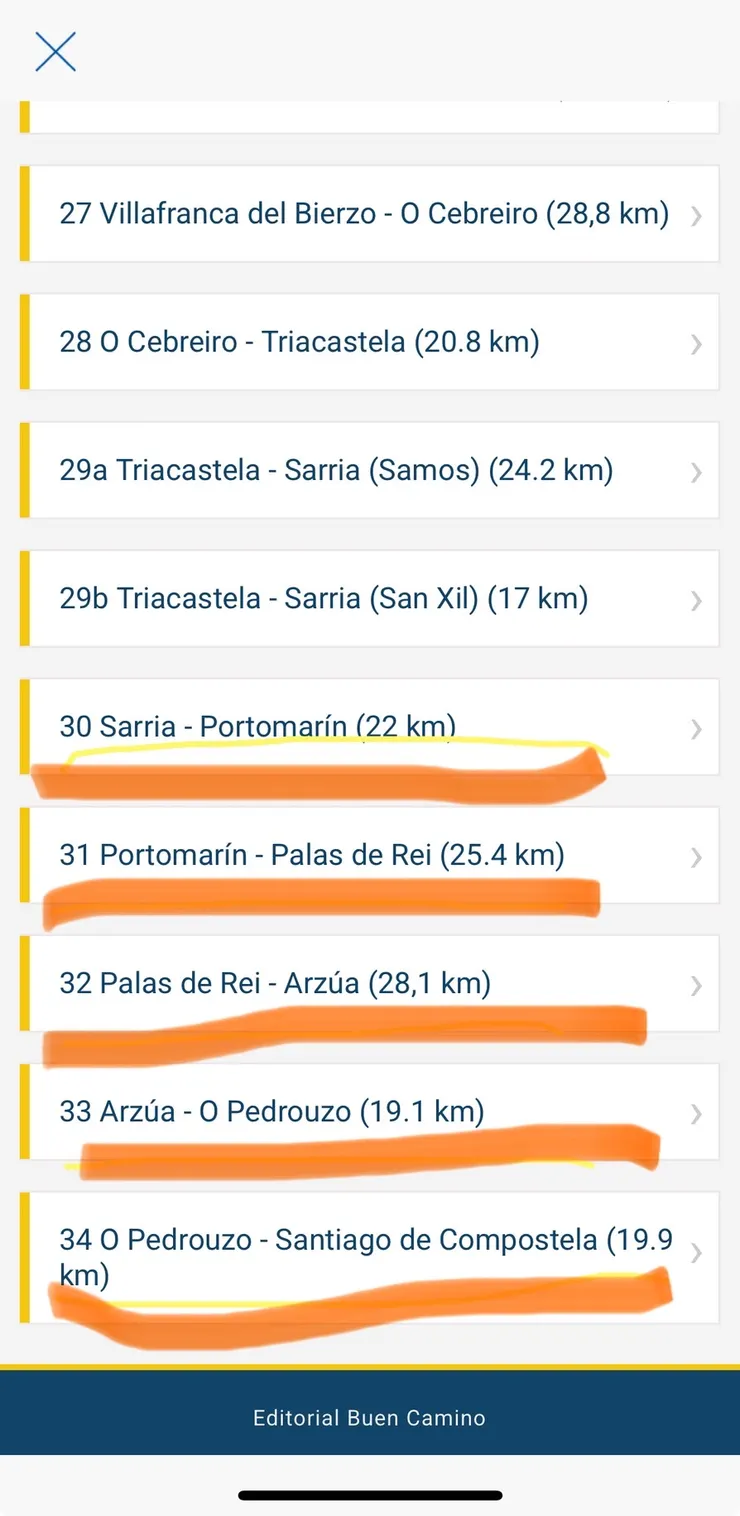 APP裡從Sarria-Compostela是114公里，並有城鎮及相對應的公里數。圖2