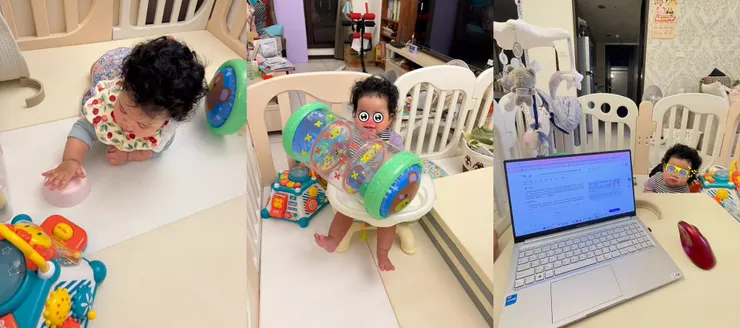 平常除了嬰兒自己玩我也會加入！有時候還可以架個筆電一起工作XD