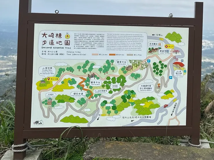 大崎棟步道地圖，我們是走灰色路線上來，老先生建議我們走橘色路線接櫻花步道下山