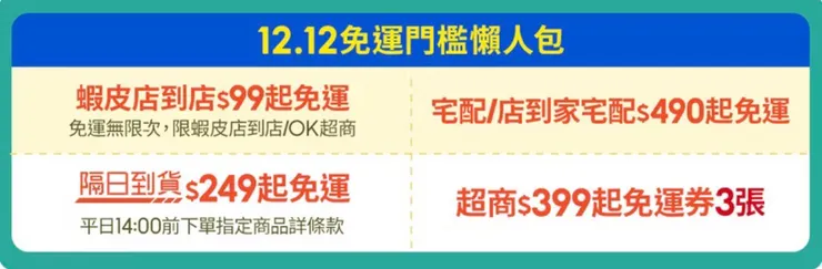 12/12 全站$399起免運券x3張