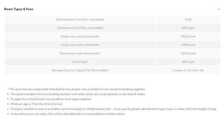 Kelowna校區學生宿舍價格