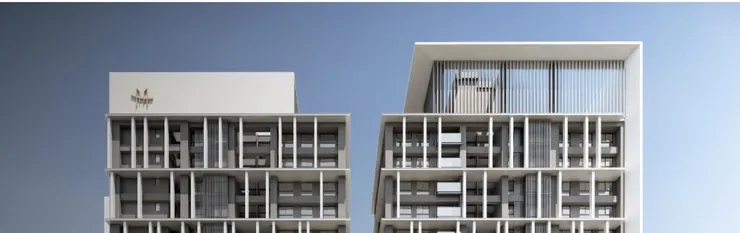 框架內設計具穿透的造型金屬格柵用以體現虛實量體的形構