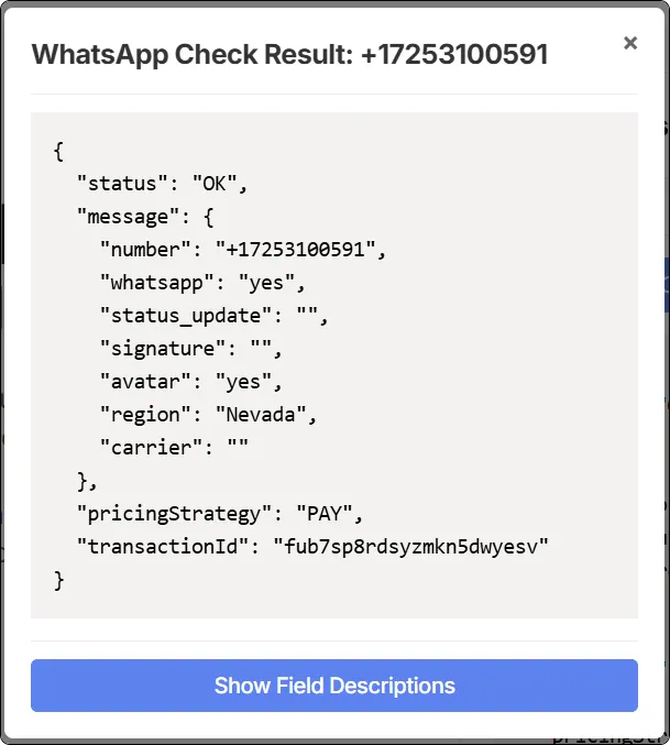 WhatsApp號碼檢查結果