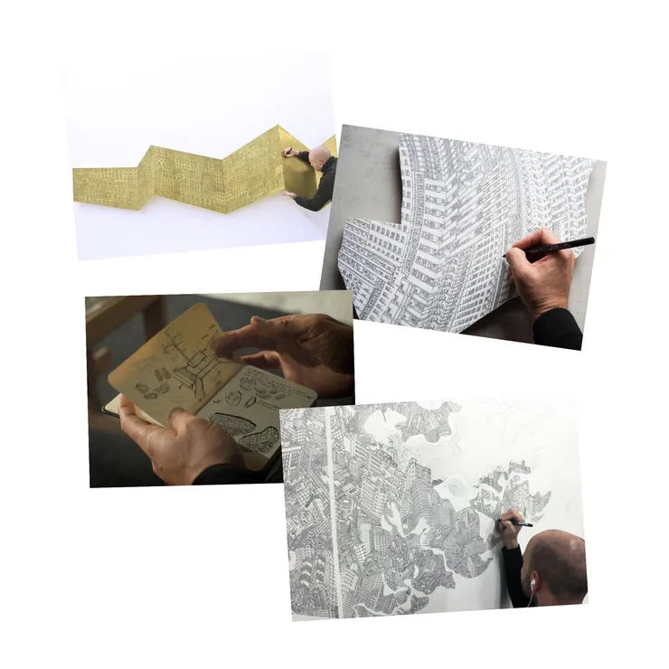 瓦斯科隨身攜帶筆和小筆記本，隨時捕捉靈感。他創作時只需一支筆，戴上耳機，全然沉浸於自己的藝術世界中。