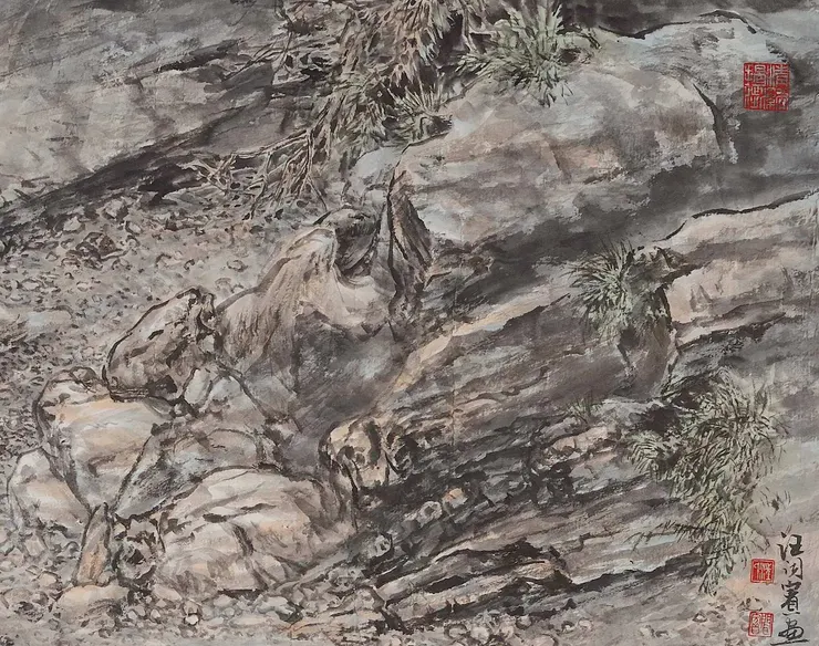 〈清溪垂釣〉局部－石坡