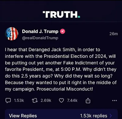 特朗普就起訴事件在社交平台發言