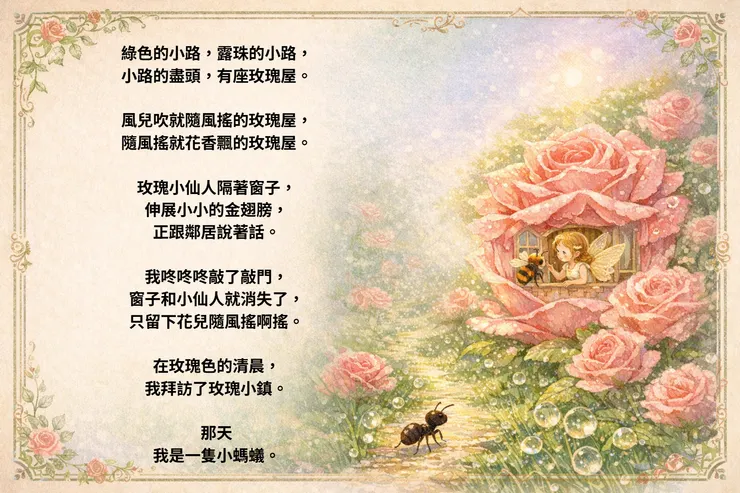 日本童話詩人 金子美玲〈玫瑰小鎮〉ChatGPT繪圖
