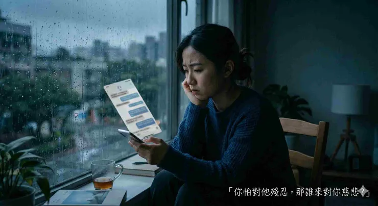 一位台灣女性坐在窗邊，被 12 年感情壓得喘不過氣，展現想分手卻分不掉的心理困境示意圖，由賽思心靈法術提供。