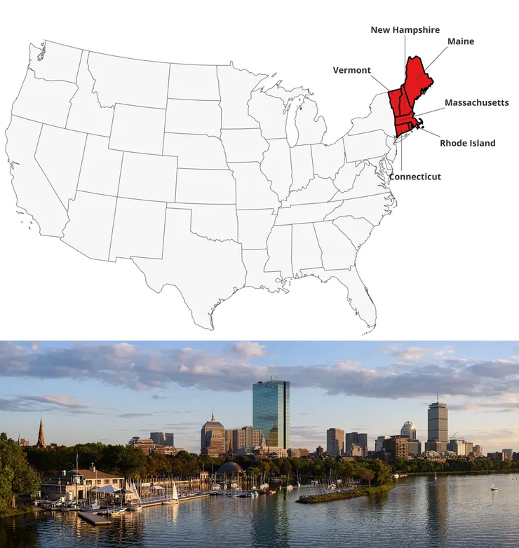 新英格蘭在美國的位置，以及最大城市波士頓的景觀。