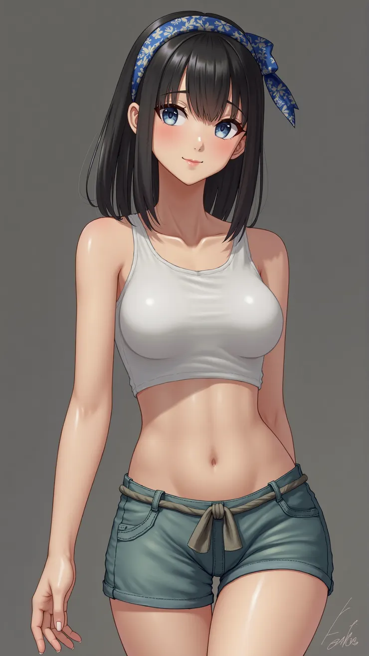 Cropped tank top, matching shorts, silk scarf headband( 短版吊帶上衣,搭配短褲,絲巾髮帶 )