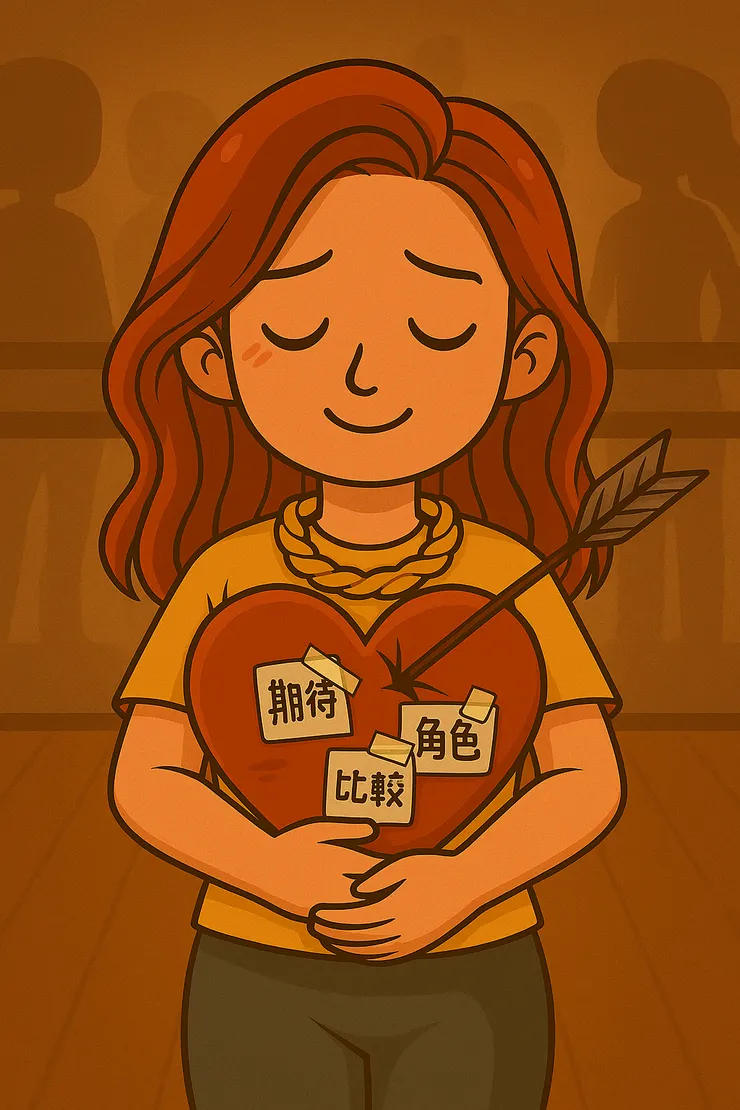 對於擁有一顆閃亮亮的玻璃心的我來說，常常很容易被射中靶心，也很容易敏感與受傷。 哈哈哈～有時候我都苦笑搖頭的說：「哦～怎麼又命中了🤣🤣」 紅心Q（就是那個脆弱又敏感的我）把心緊緊抱在懷裡，心上貼著「期待」「角色」「比較」三張小紙條，提醒著那些最容易被箭矢瞄準的地方。