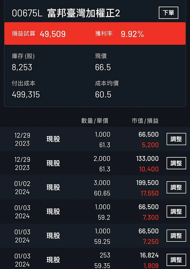 由於交易帳號單日額度僅20萬,分3天連續購入,2/16/2024收盤後截圖