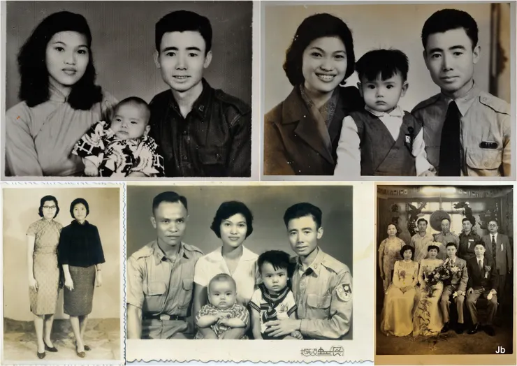 黑白老相片凍凝清晰莊嚴的樣貌─在那物質匱乏的年代，每逢重要時刻，會特地到相館或請來專業攝影師，留下莊嚴的影像，那些古典、認真具儀式感的時代容顏是無法復刻的。照片左上：1959年JB出生一百天；右上：1960年JB週歲；左下：1961年老媽與鄰居白媽媽；下中：1961年當時的JB全家福與家庭好友王叔叔；右下 ：1958年4月JB爸媽結婚照。