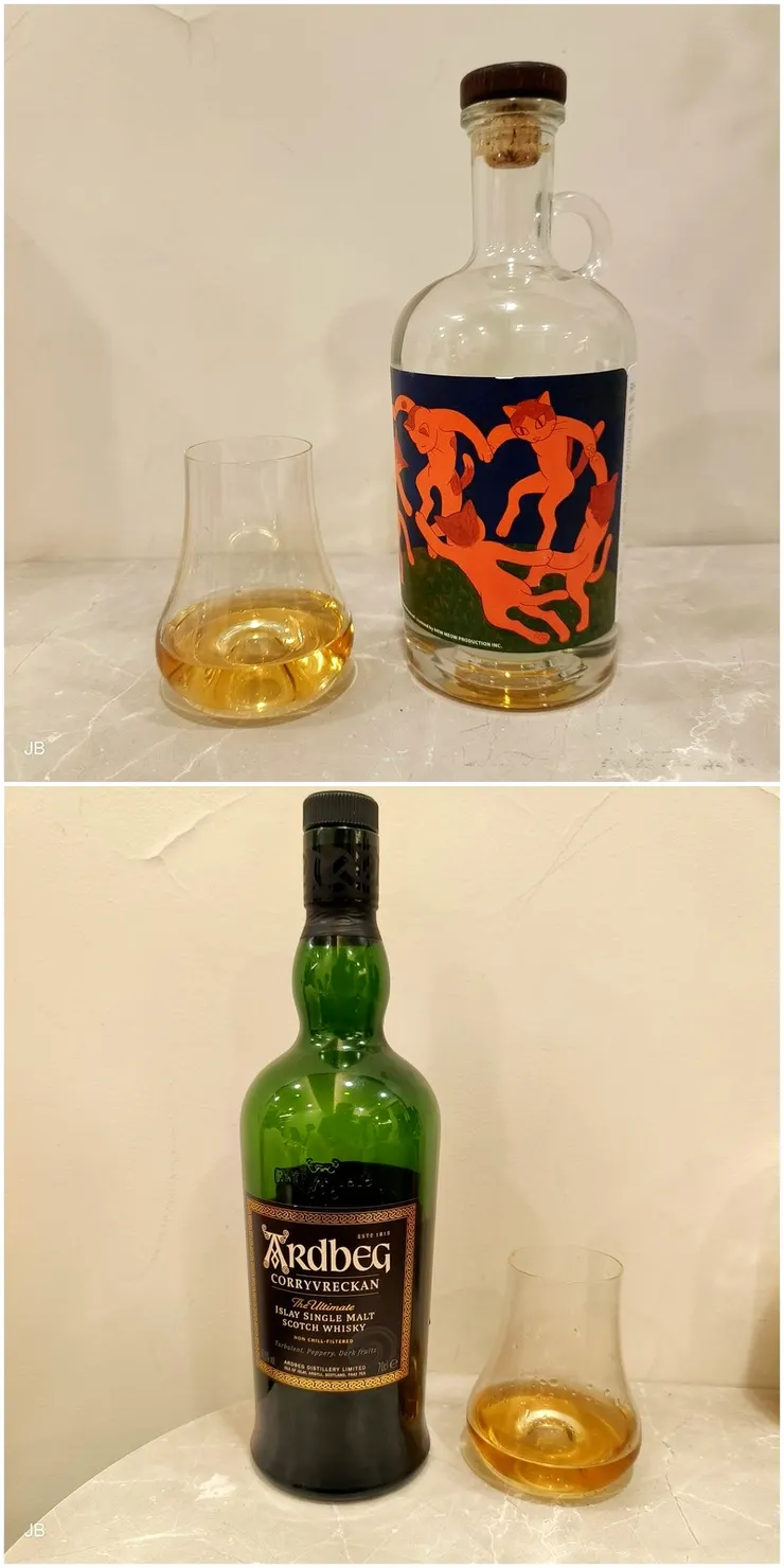 【未必要志同道合才聚在一起喝酒，阿諛東亞共榮圈的絕不是朋友！佐餐酒，上：馬丁尼克(MARTINIQUE)56.5%蘭姆原酒，JB提供；下：艾雷島Ardbeg單一麥芽57.1%威士忌原酒，許兄提供。】