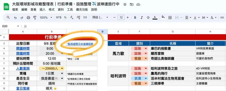 大阪環球影城行前準備表