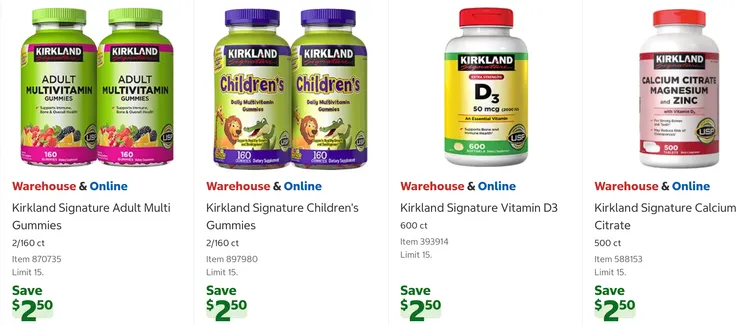 成人綜合維他命$14.49、兒童綜合維他命$13.49、維他命 D3 $12.49、檸檬酸鈣+鎂+鋅 $16.49。