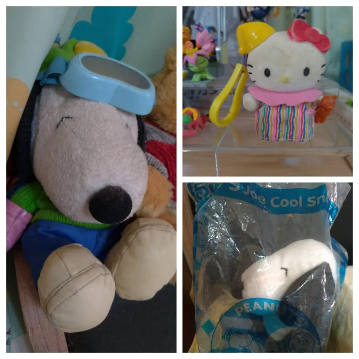 左: 我的滑雪史努比，鞋子都褪色了；右上: 麥當勞凱蒂貓鑰匙圈；右下: 媽媽帶回來的史努比布偶